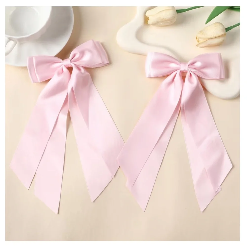 Pink Satin Ribbon Bow Hair Clip Double Layer Long Tail Coquette Balletcore
